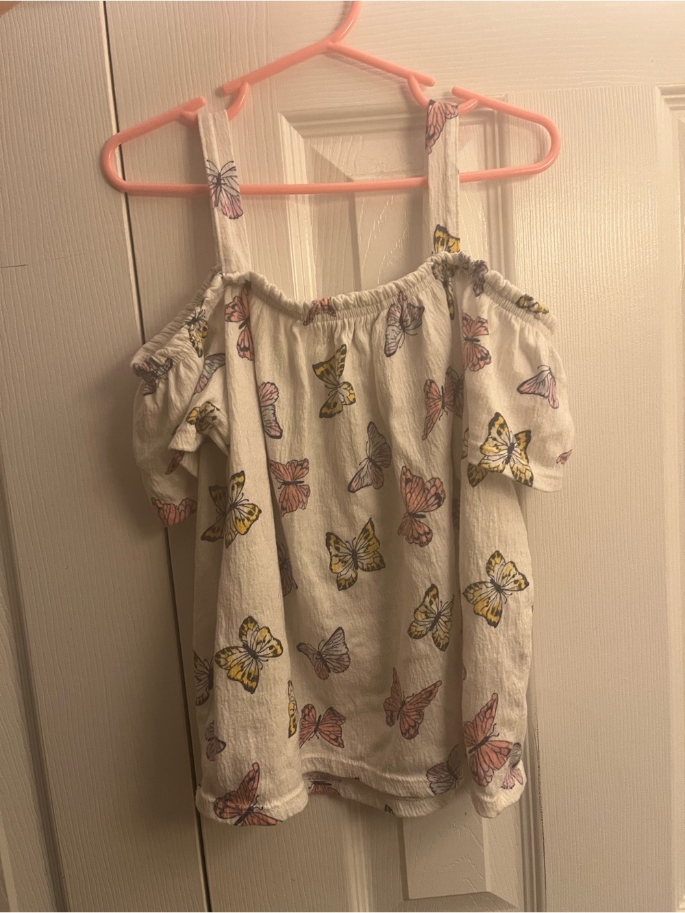 SO White Off-Shoulder Tank Top with Pink and Yellow Butterfly Print
